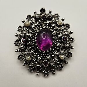 Sarah Coventry Victorian Style Statement Brooch Purple Stone Silver Openwork